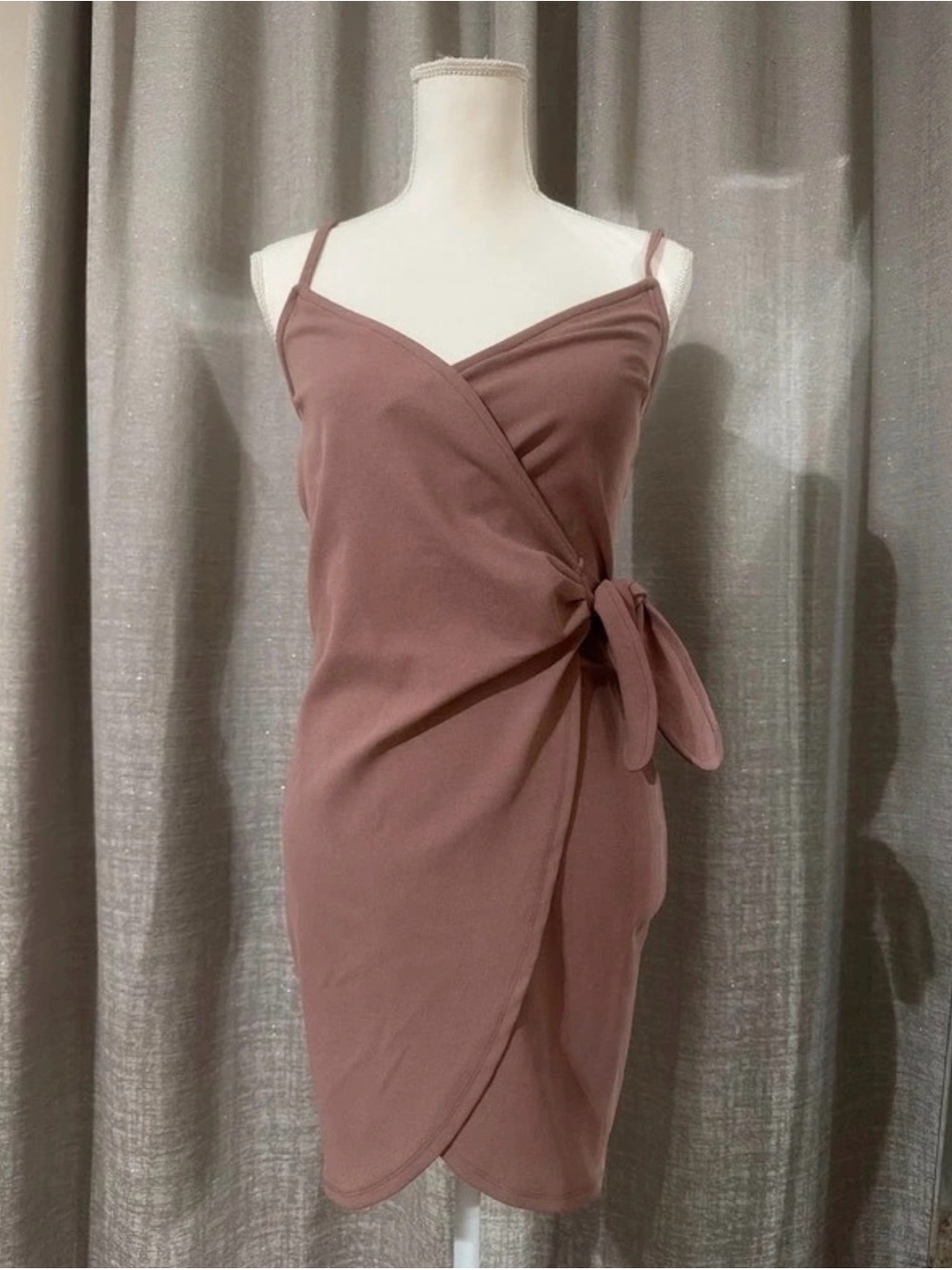 Mind Code Mauve-Taupe Wrap Mini Dress with Side Tie